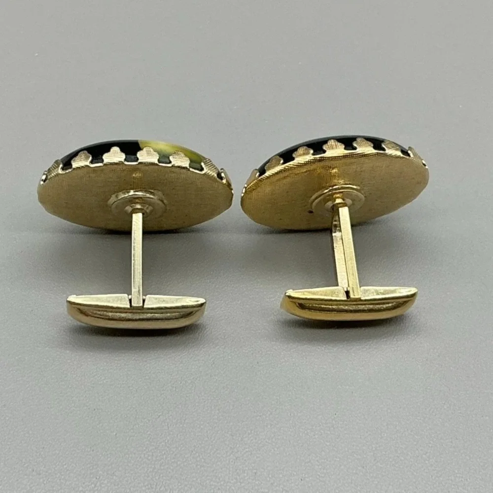 Vintage Oval Cufflinks Black Green Art Glass Cabochon Gold Tone Men's Jewelry